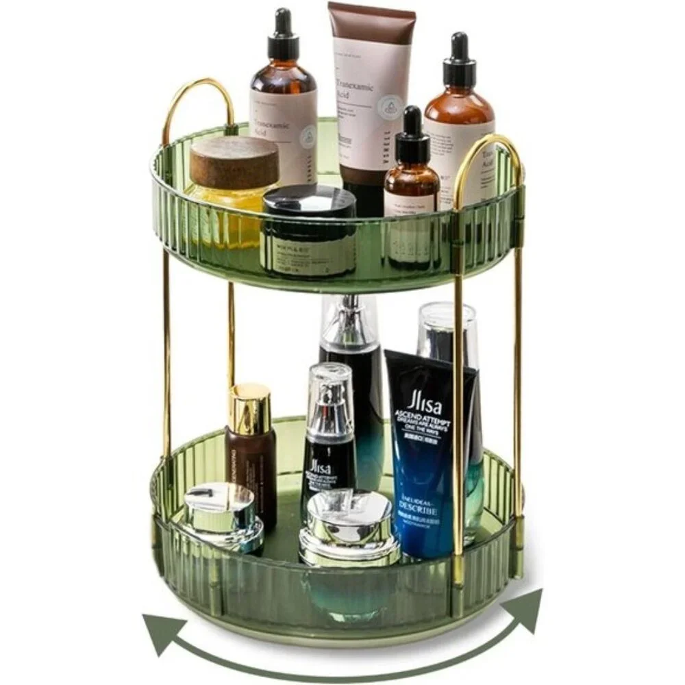 New 360° Rotating Makeup Organizer, 2-Tier Green Vanity & Skincare Storage Rack